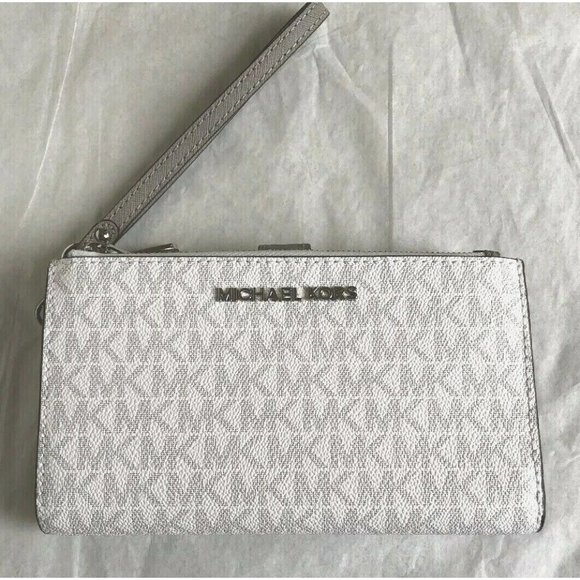 New Michael Kors Jet Set Travel Double Zip Wallet Signature Bright White - Picture 3 of 6